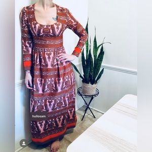 1960s vintage graphic print pink and brown long sleeve dress